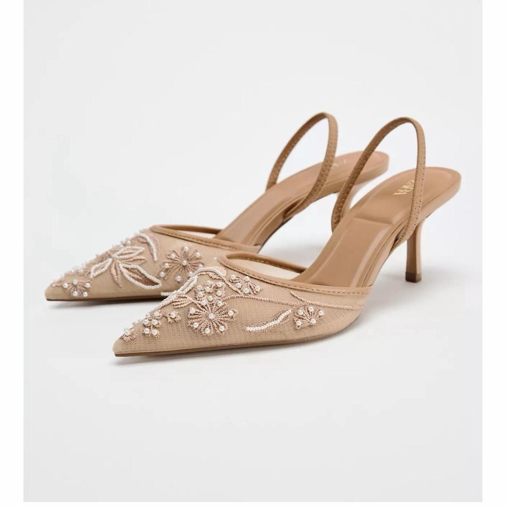 Zara Tan Floral Slingback Heels